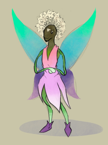 Illustration of a small, bug plant creature with shimmering wings, a dandelion head, and a plant body.